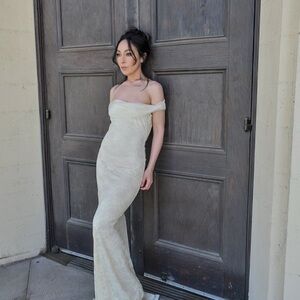 JJs House Butter Yellow Off-Shoulder Cap Sleeve Gown